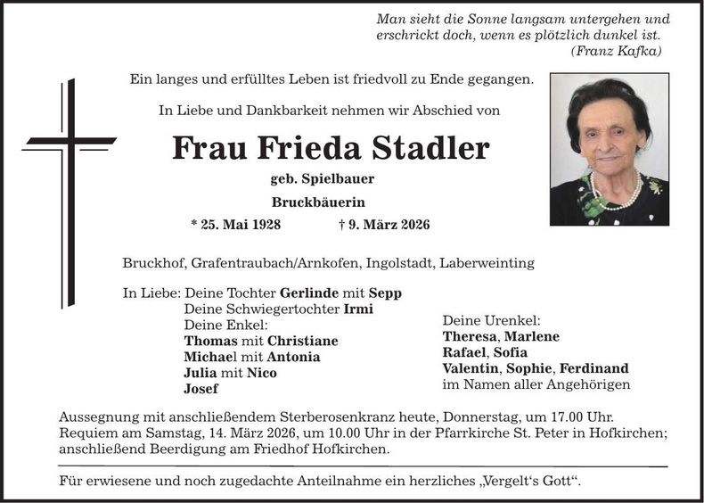 Traueranzeige Frieda Stadler
