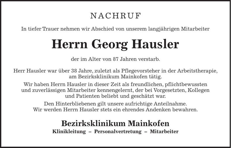 Traueranzeige Georg Hausler