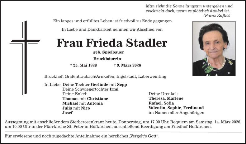 Traueranzeige Frieda Stadler