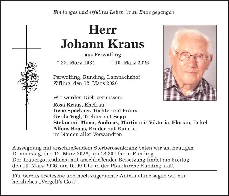 Traueranzeige Johann Kraus