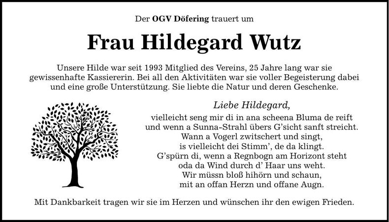 Traueranzeige Hildegard Wutz
