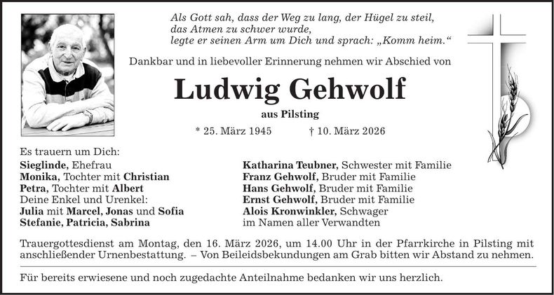 Traueranzeige Ludwig Gehwolf