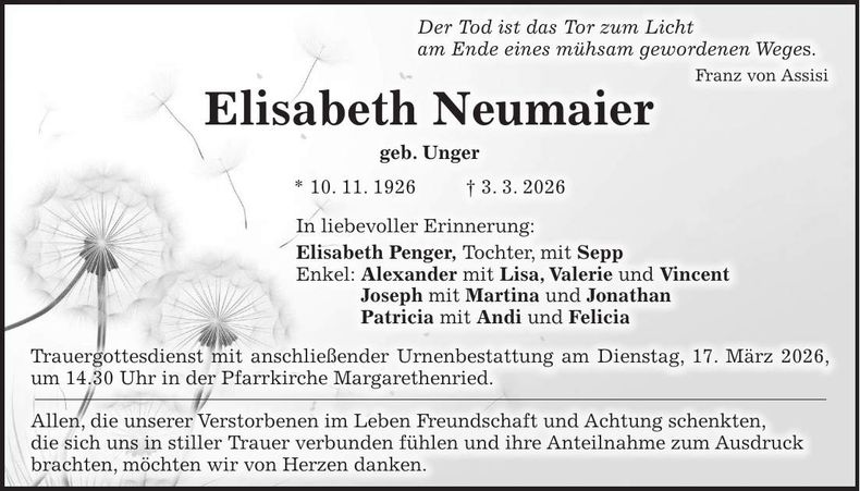 Traueranzeige Elisabeth Neumaier