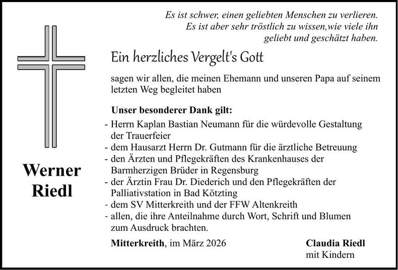 Traueranzeige Werner Riedl