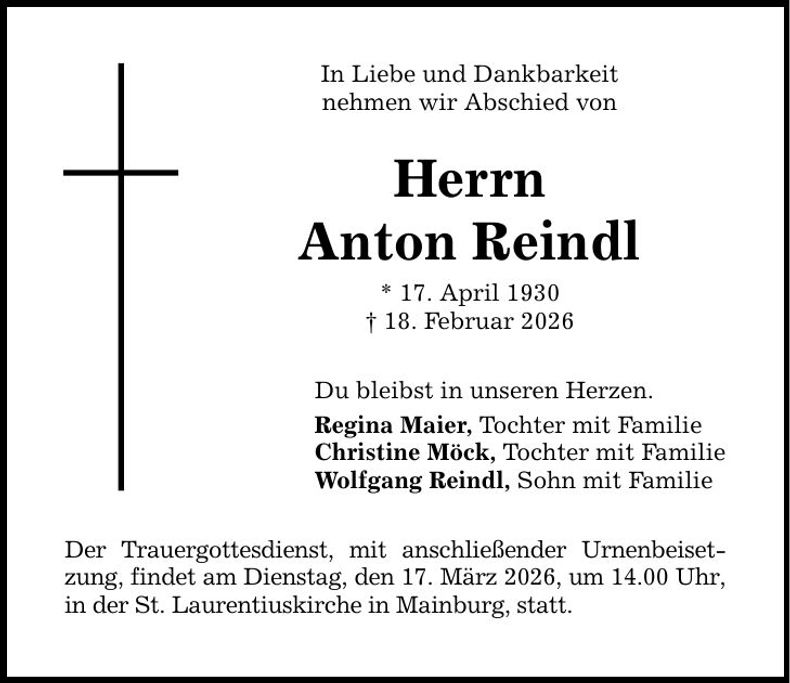 Traueranzeige Anton Reindl