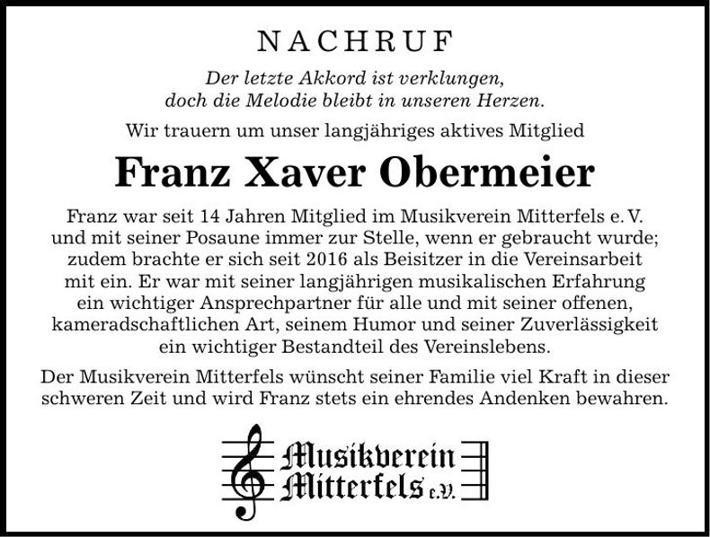Traueranzeige Franz Xaver Obermeier