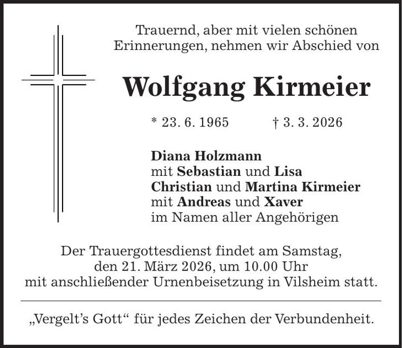 Traueranzeige Wolfgang Kirmeier