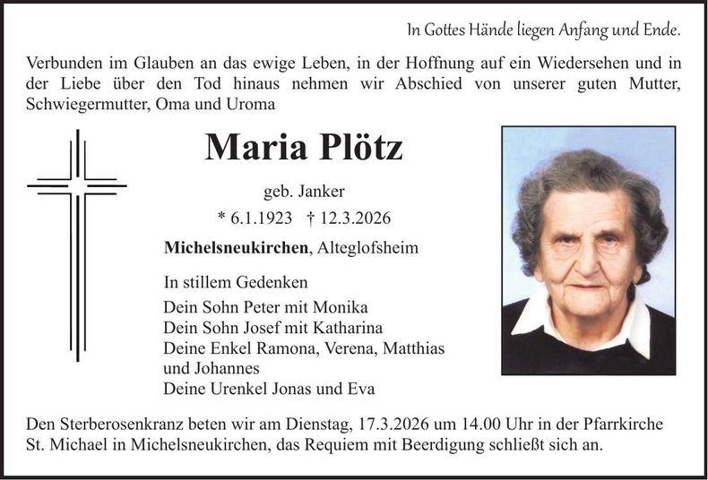 Traueranzeige Maria Plötz