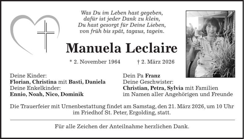 Traueranzeige Manuela Leclaire
