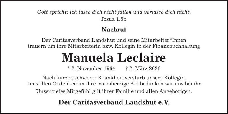 Traueranzeige Manuela Leclaire