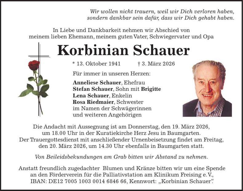 Traueranzeige Korbinian Schauer