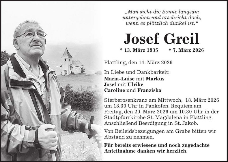 Traueranzeige Josef Greil