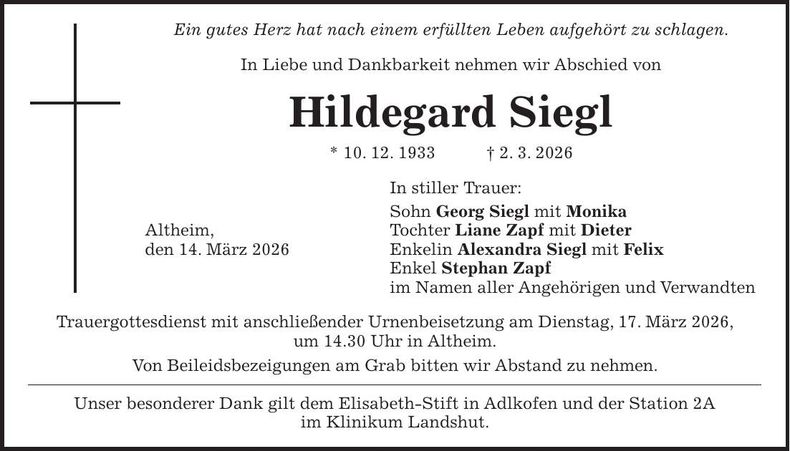 Traueranzeige Hildegard Siegl
