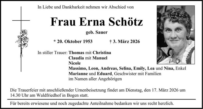 Traueranzeige Erna Schötz