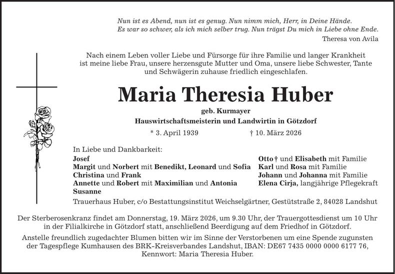 Traueranzeige Maria Theresia Huber