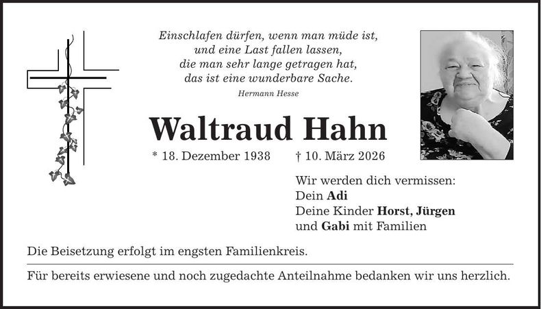 Traueranzeige Waltraud Hahn