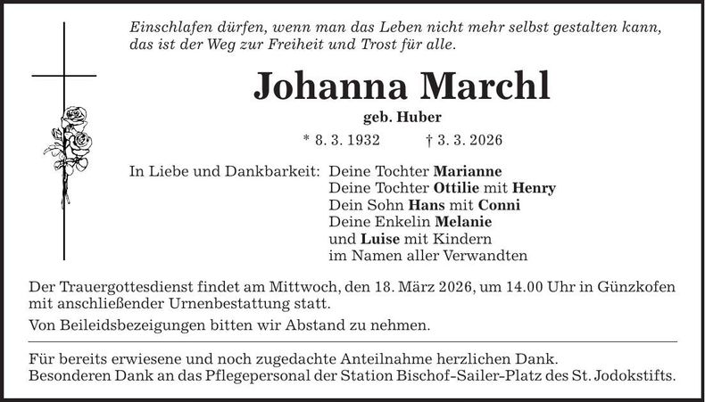 Traueranzeige Johanna Marchl