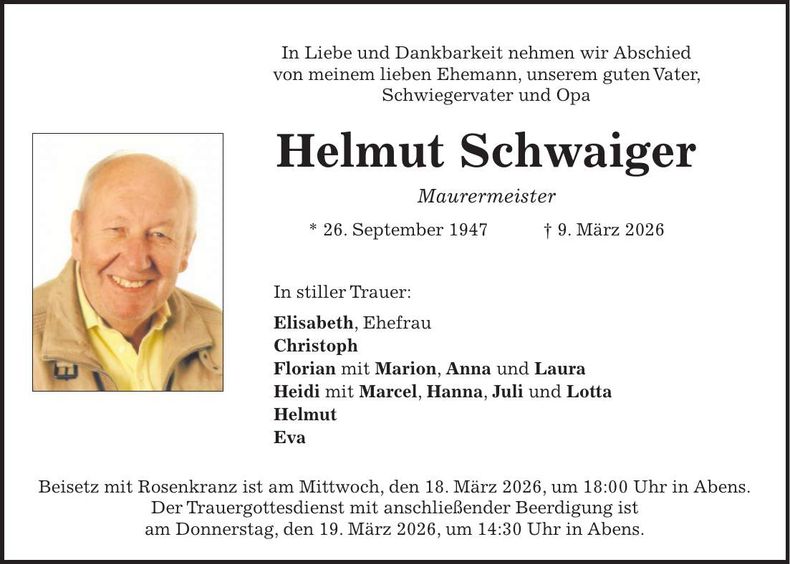 Traueranzeige Helmut Schwaiger