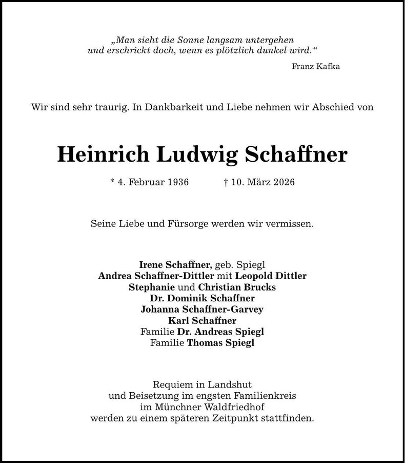 Traueranzeige Heinrich Ludwig Schaffner