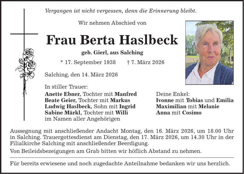 Traueranzeige Berta Haslbeck