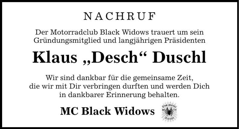 Traueranzeige Klaus "Desch" Duschl