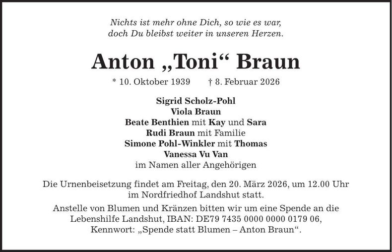 Traueranzeige Anton Braun