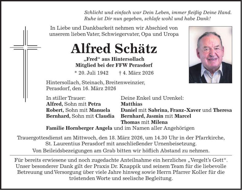 Traueranzeige Alfred Schätz