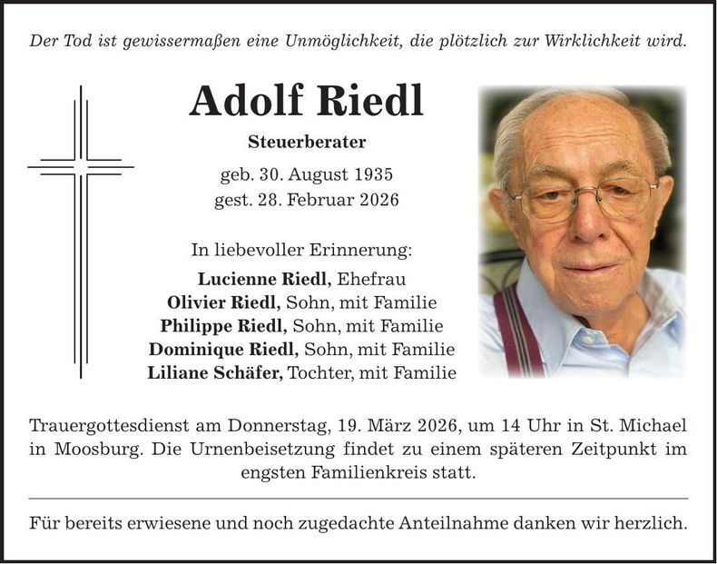 Traueranzeige Adolf Riedl