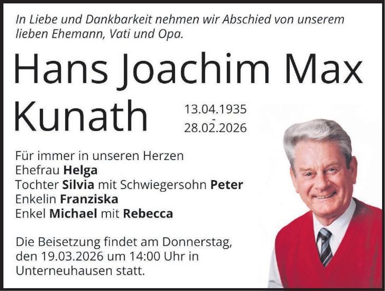 Traueranzeige Hans Joachim Max Kunath