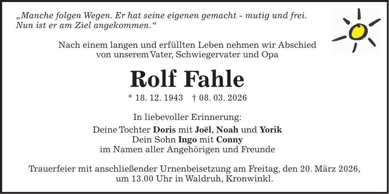 Traueranzeige Rolf Fahle