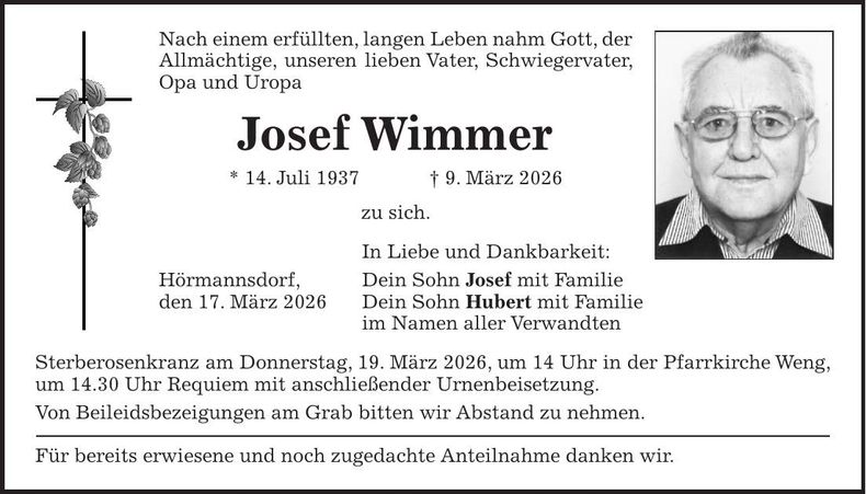 Traueranzeige Josef Wimmer