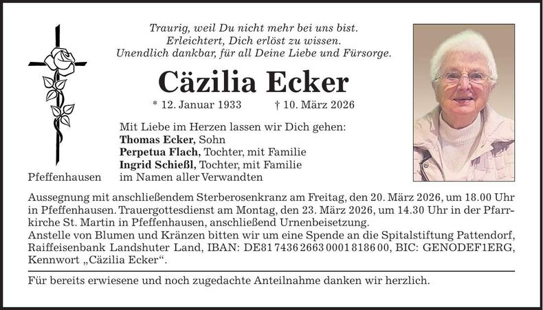 Traueranzeige Cäzilia Ecker