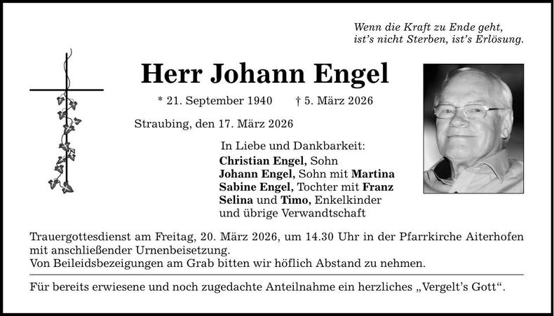 Traueranzeige Johann Engel