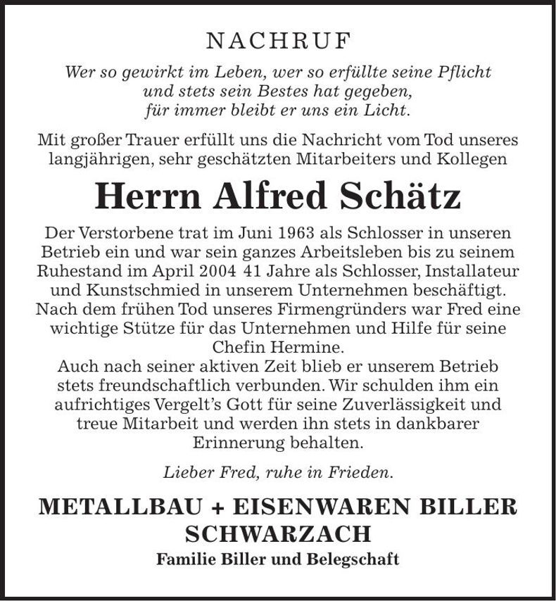 Traueranzeige Alfred Schätz