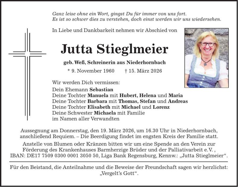 Traueranzeige Jutta Stieglmeier