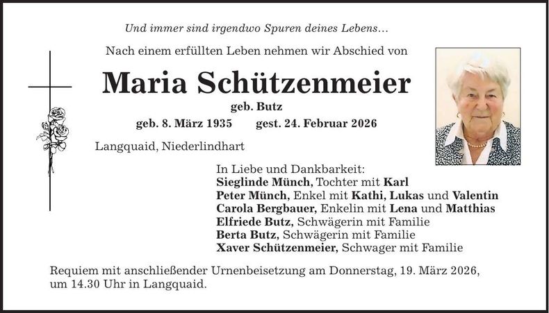 Traueranzeige Maria Schützenmeier