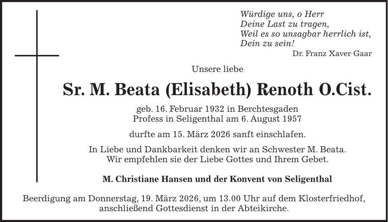Traueranzeige Elisabeth Renoth
