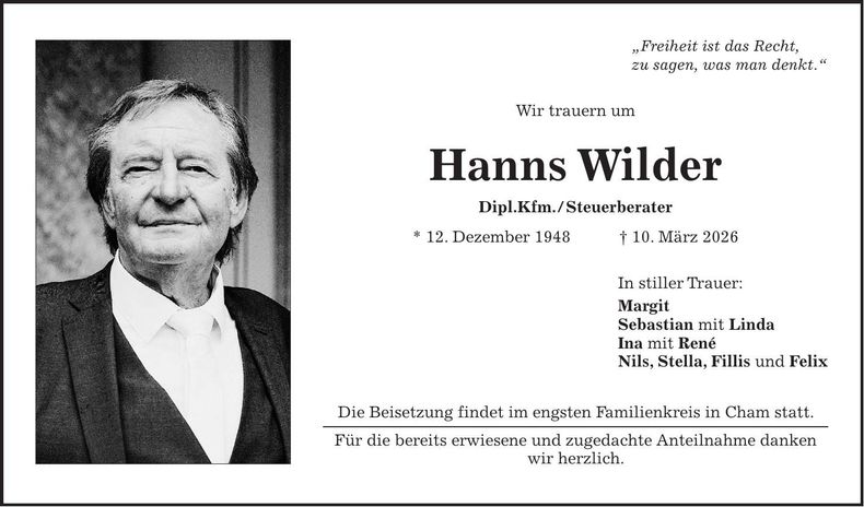 Traueranzeige Hanns Wilder