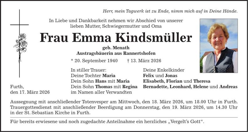 Traueranzeige Emma Kindsmüller