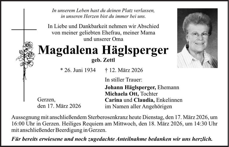 Traueranzeige Magdalena Häglsperger