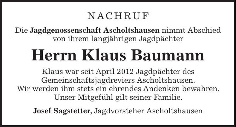 Traueranzeige Klaus Baumann