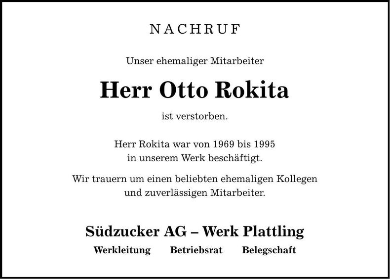 Traueranzeige Otto Rokita