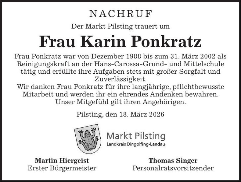 Traueranzeige Karin Ponkratz