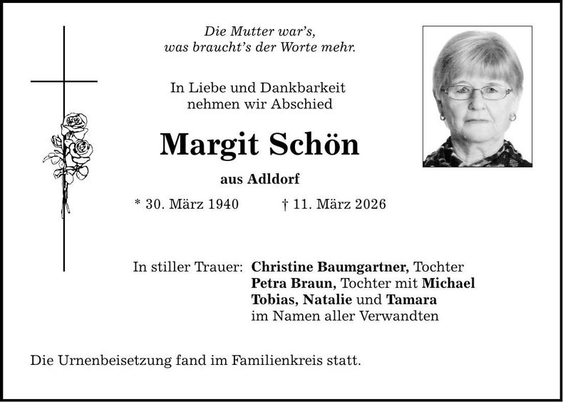Traueranzeige Margit Schön