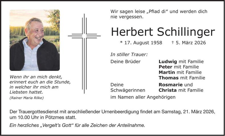 Traueranzeige Herbert Schillinger