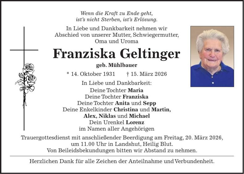 Traueranzeige Franziska Geltinger