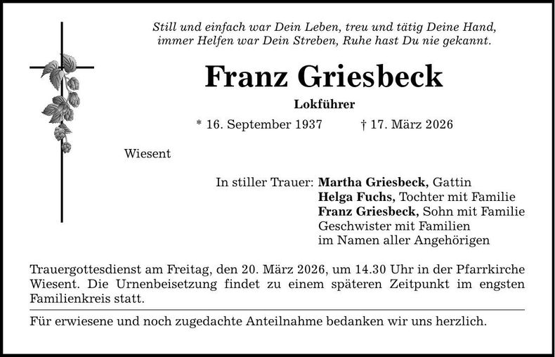 Traueranzeige Franz Griesbeck