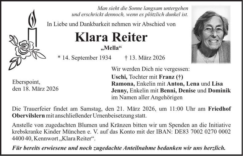 Traueranzeige Klara Reiter