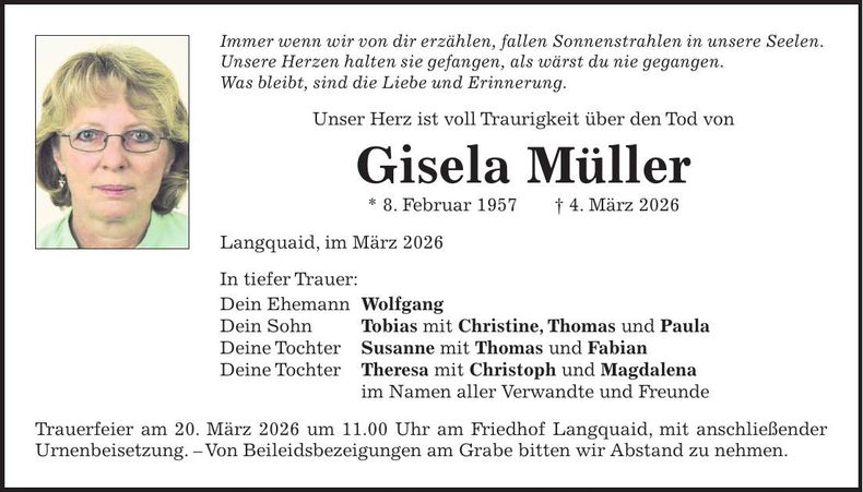 Traueranzeige Gisela Müller