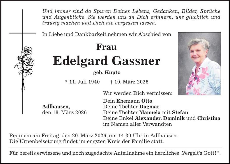 Traueranzeige Edelgard Gassner